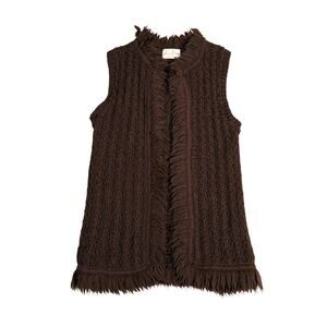 Vintage 60s Ann Arbor Brown Wool Fringe Knit Vest Boho Hippie Made in USA XS